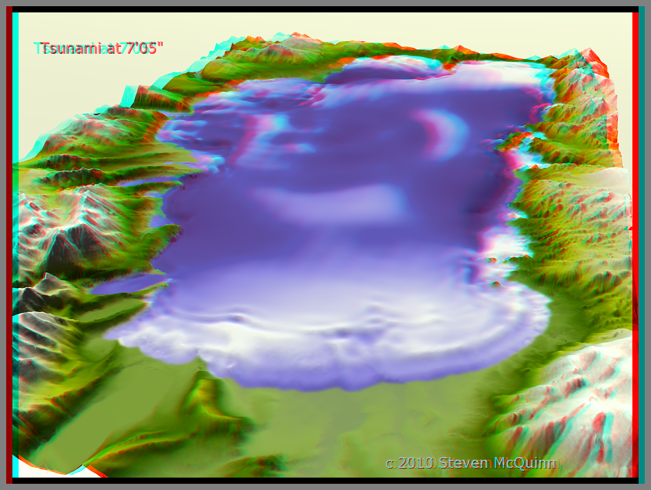 3D anaglyph view of Tahoe tsunami. Computer simulation of an event that took place ~50K years ago.