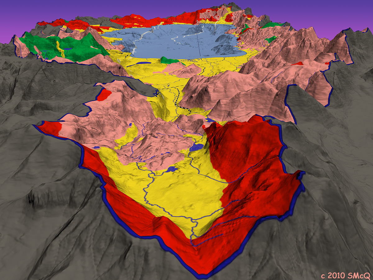 View looking North from Upper Truckee watershed, with simplified geology overlay. Red=volcanic. Pink=granitic. Green=metamorphic. Yellow=deposits (glacial, flood plains, avalanche, lake beds).